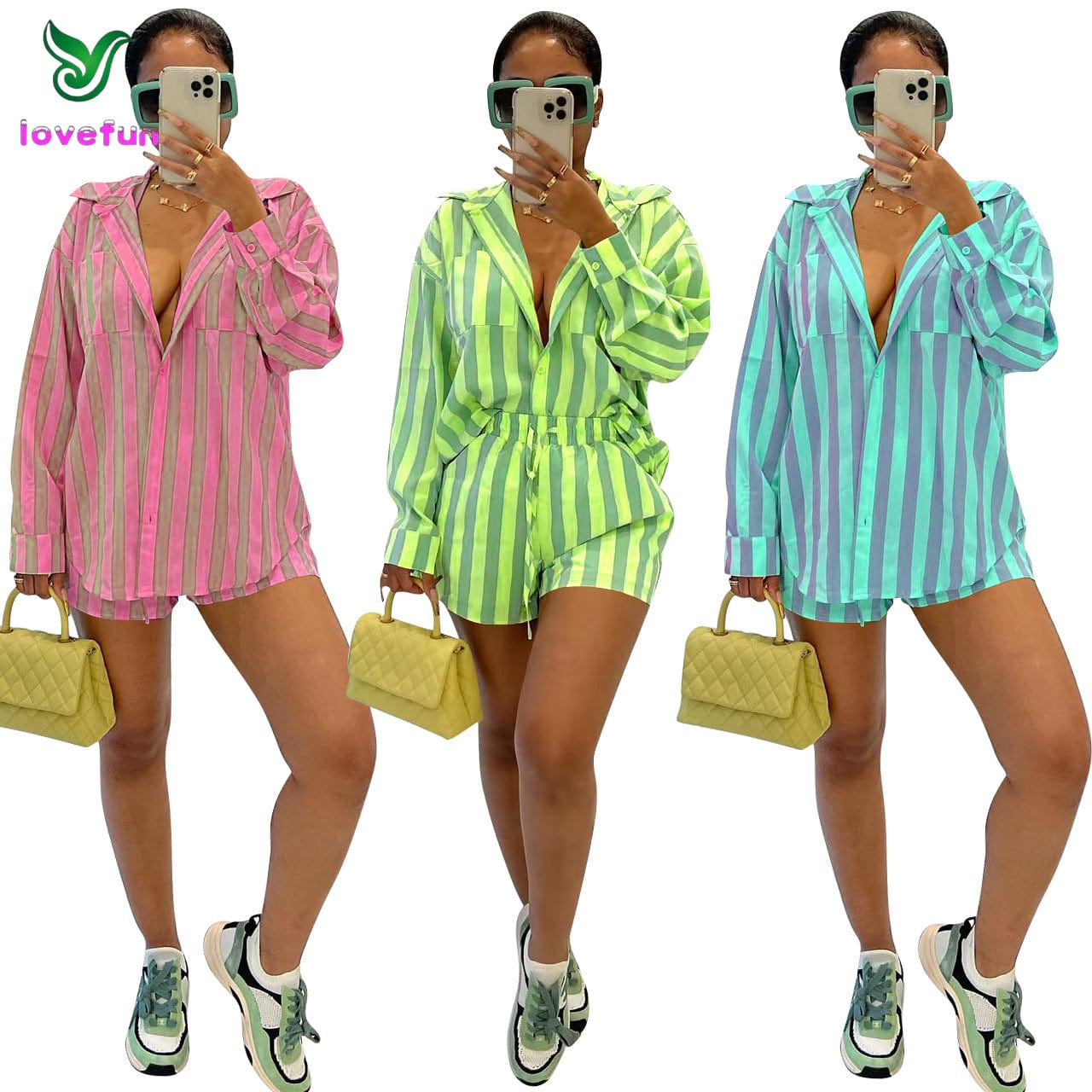 Summer Women's Fashion Nylon Elastic Fabric Stripe Two Piece Set Casual Polo Collar Shirt Set for Women