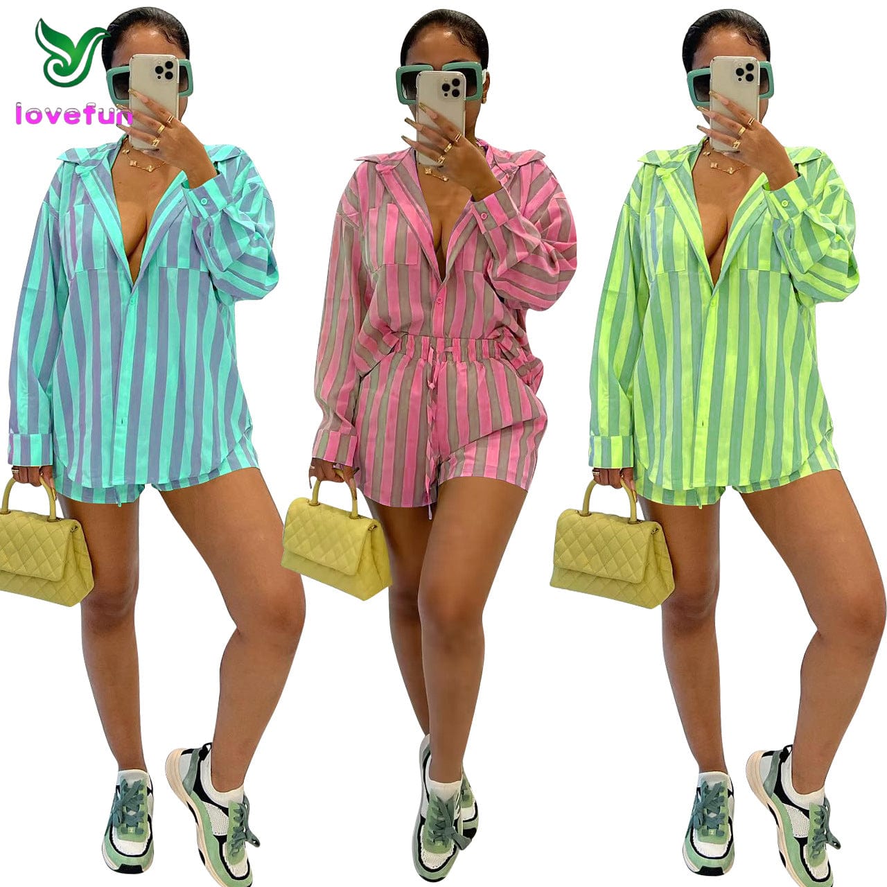 Summer Women's Fashion Nylon Elastic Fabric Stripe Two Piece Set Casual Polo Collar Shirt Set for Women