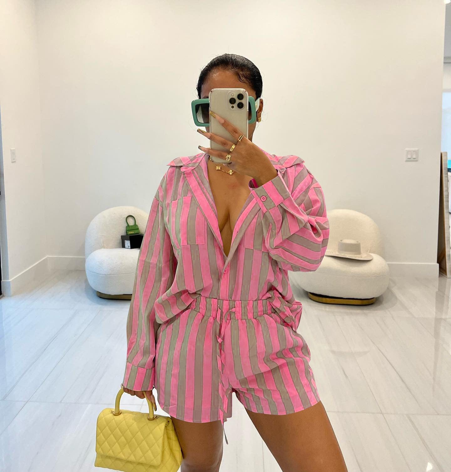 Summer Women's Fashion Nylon Elastic Fabric Stripe Two Piece Set Casual Polo Collar Shirt Set for Women