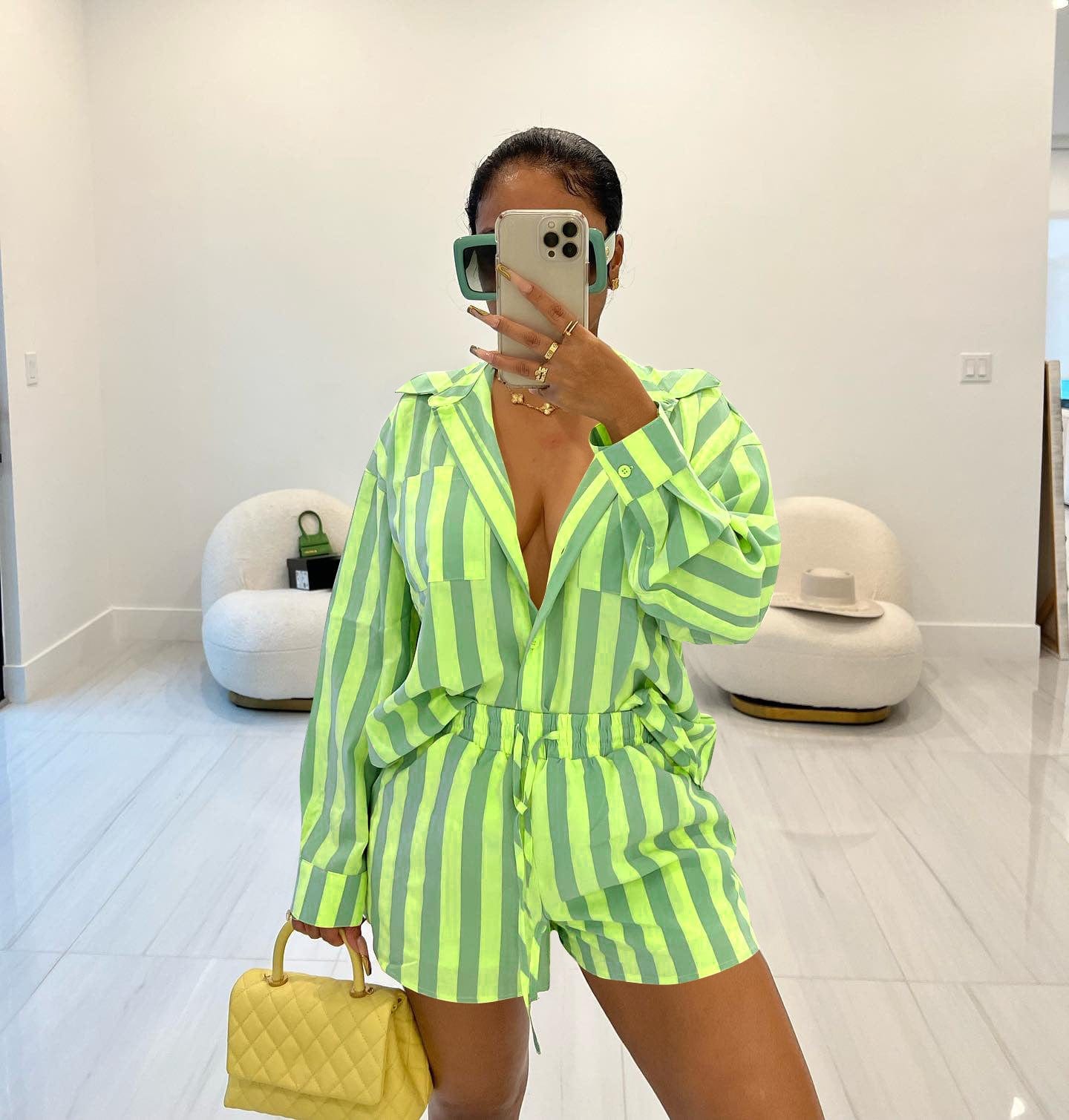 Summer Women's Fashion Nylon Elastic Fabric Stripe Two Piece Set Casual Polo Collar Shirt Set for Women