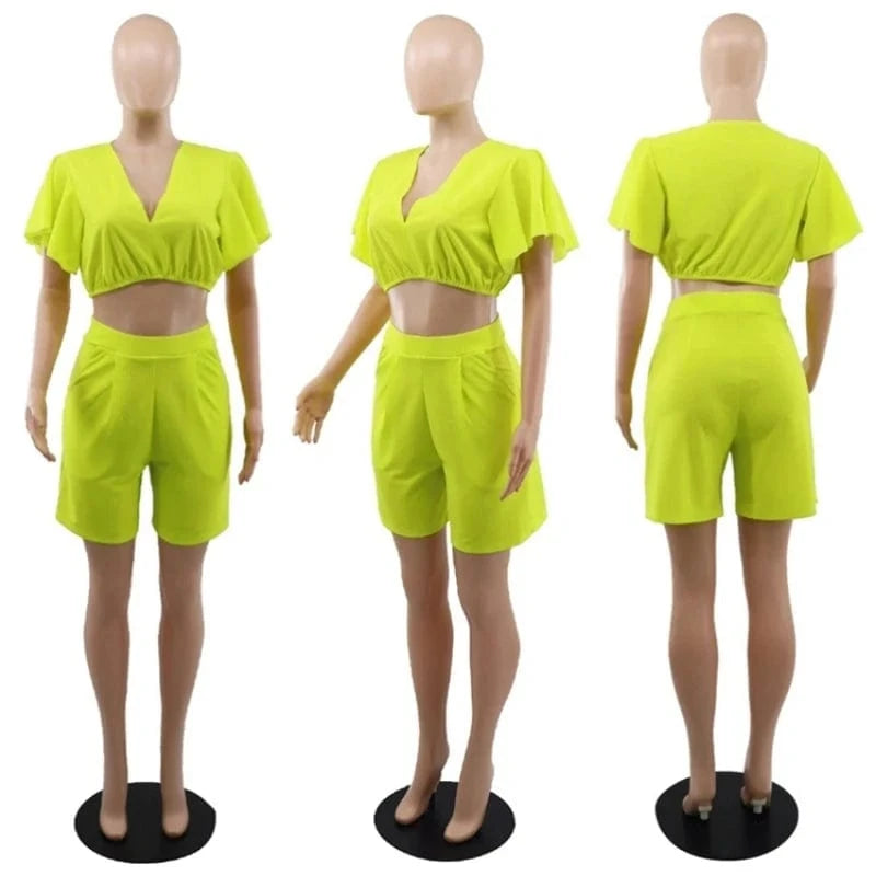 Summer Women's Sets Ruffled Sleeve V-neck Top + High Waist Pocketed Shorts Suit Lady Solid Casual Two Piece Set