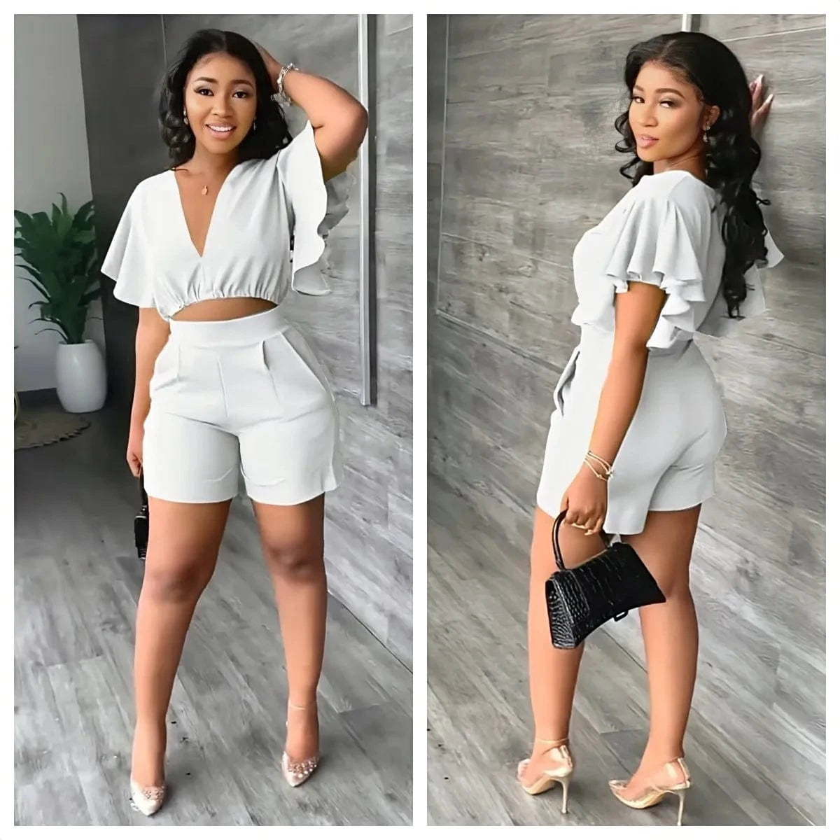 Summer Women's Sets Ruffled Sleeve V-neck Top + High Waist Pocketed Shorts Suit Lady Solid Casual Two Piece Set