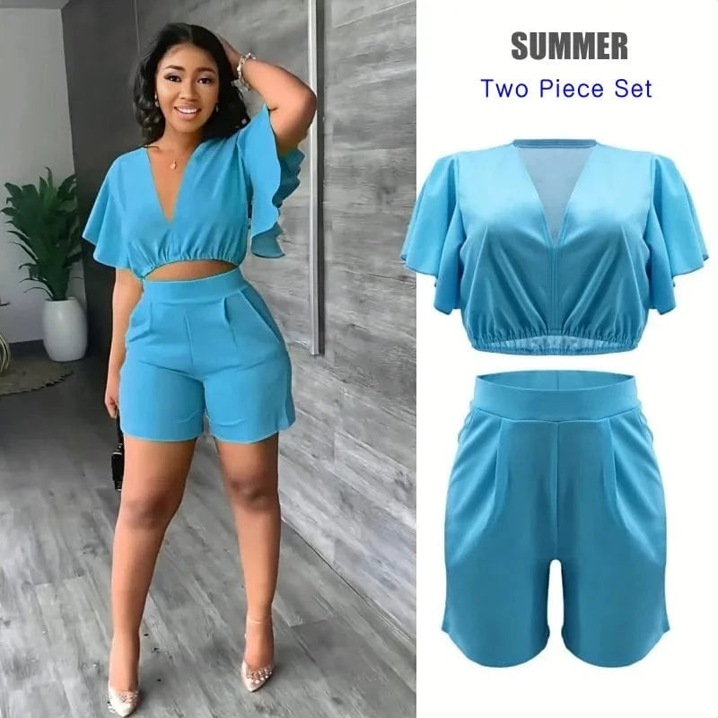 Summer Women's Sets Ruffled Sleeve V-neck Top + High Waist Pocketed Shorts Suit Lady Solid Casual Two Piece Set