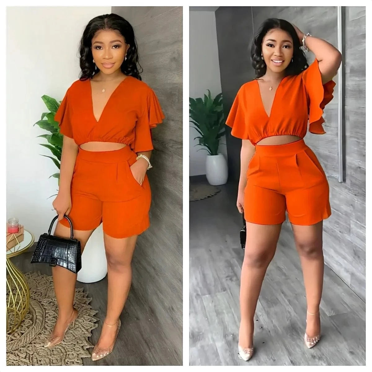 Summer Women's Sets Ruffled Sleeve V-neck Top + High Waist Pocketed Shorts Suit Lady Solid Casual Two Piece Set