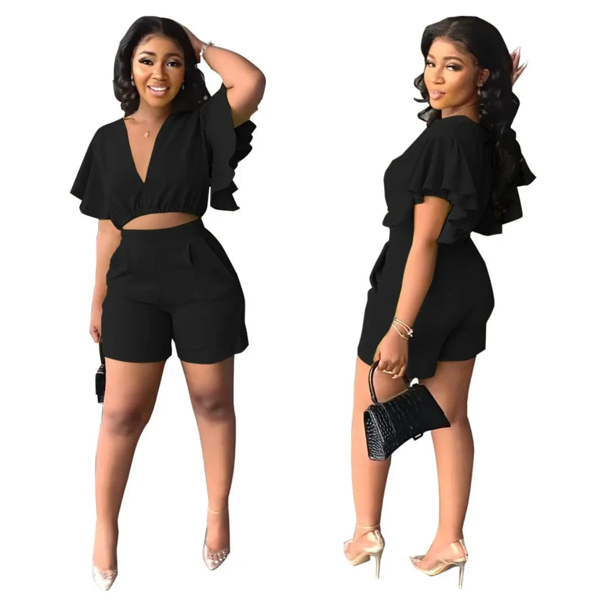 Summer Women's Sets Ruffled Sleeve V-neck Top + High Waist Pocketed Shorts Suit Lady Solid Casual Two Piece Set
