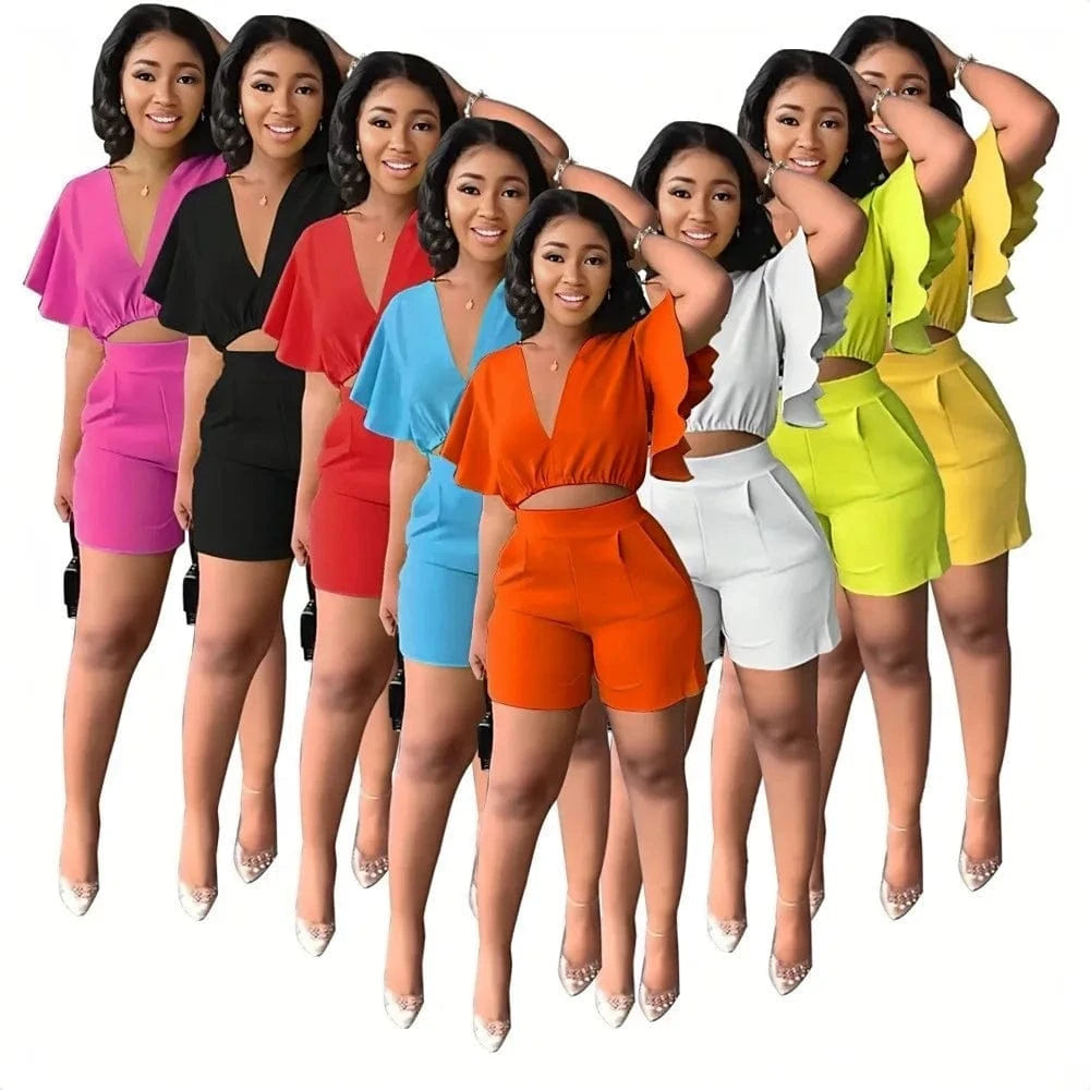 Summer Women's Sets Ruffled Sleeve V-neck Top + High Waist Pocketed Shorts Suit Lady Solid Casual Two Piece Set