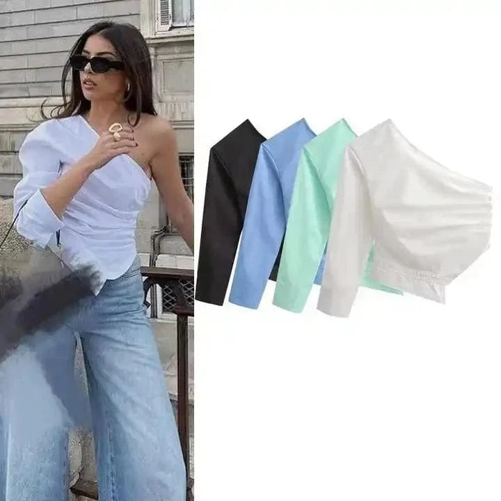 Summer Women Solid Color Plain Shirts Asymmetric One Shoulder Ladies Blouse&Tops