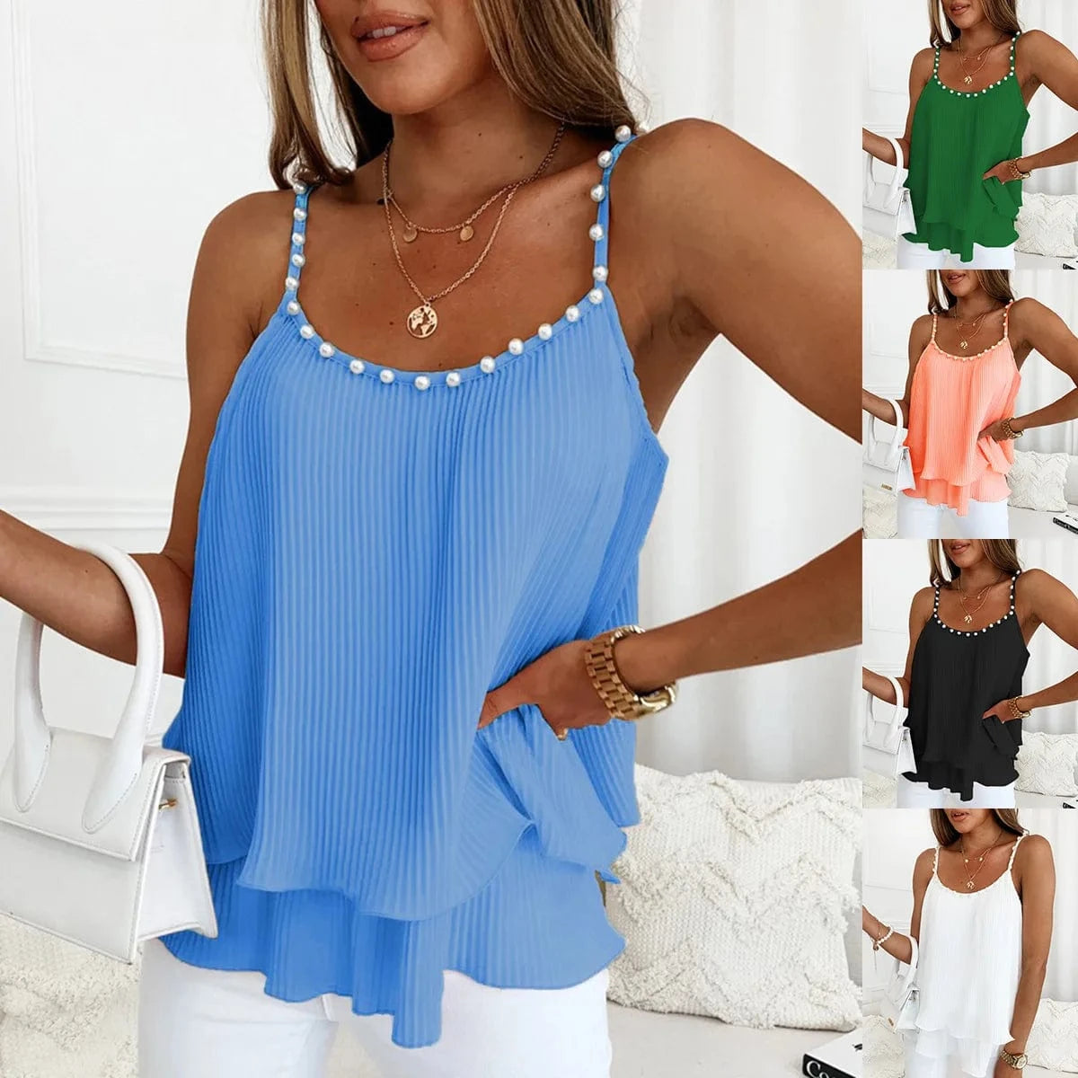 Summer Womens V Neck Pearl Trim Tank Tops Double Layer Ruffle Hem Adjustable Spaghetti Strap Camisole