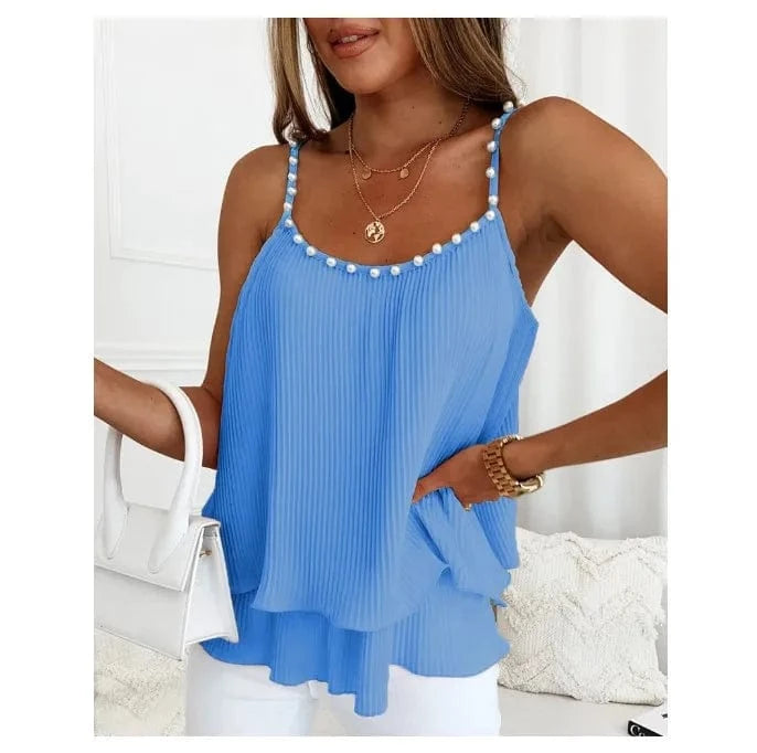 Summer Womens V Neck Pearl Trim Tank Tops Double Layer Ruffle Hem Adjustable Spaghetti Strap Camisole