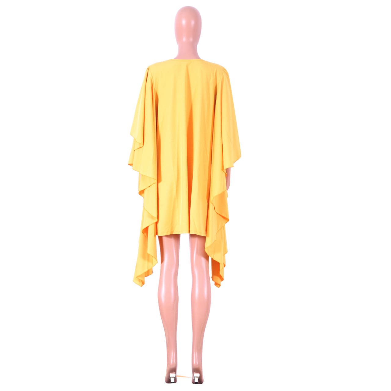 Summer Yellow Loose Large Size O Neck Pleated Batwing Sleeve Dress Casual Lady