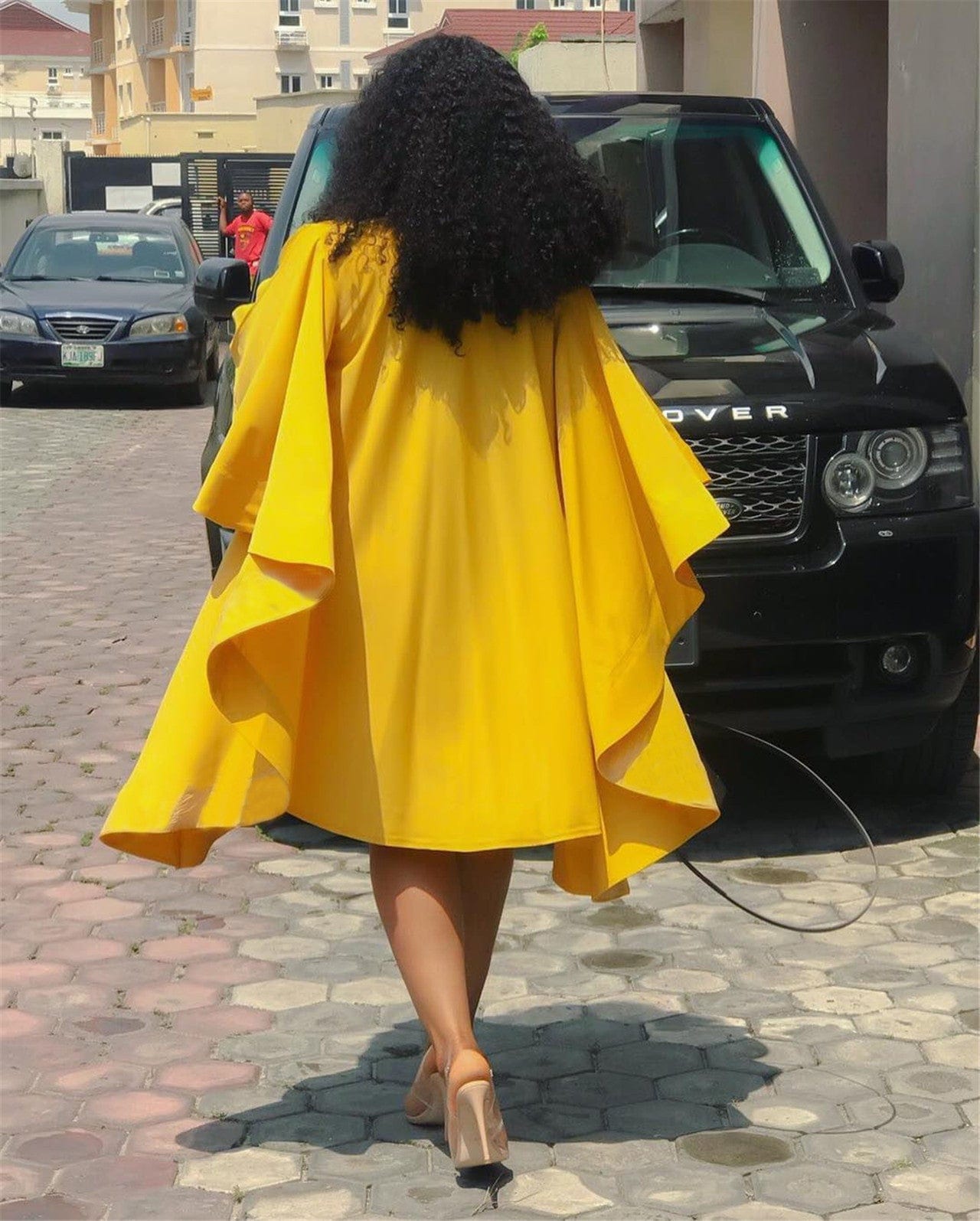 Summer Yellow Loose Large Size O Neck Pleated Batwing Sleeve Dress Casual Lady