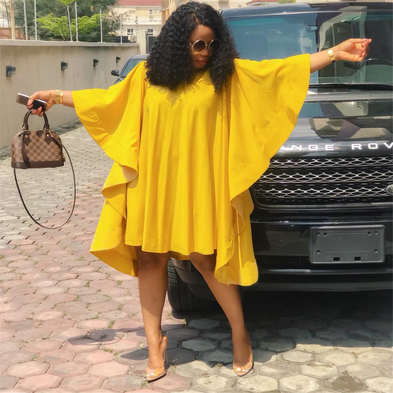 Summer Yellow Loose Large Size O Neck Pleated Batwing Sleeve Dress Casual Lady