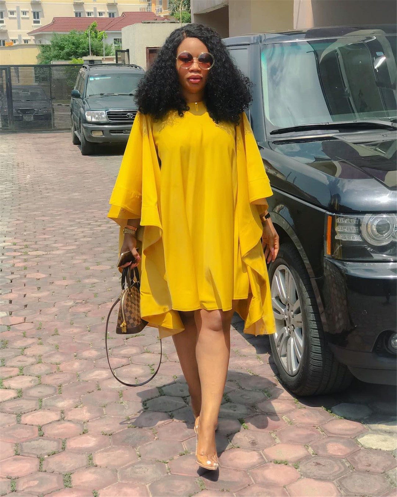 Summer Yellow Loose Large Size O Neck Pleated Batwing Sleeve Dress Casual Lady