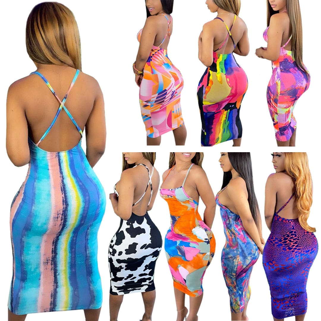 Sundresses Women Summer 2023 Backless Spaghetti Strap Print Sun Dress for Woman Street Sexy Midi Tight Fitted Bodycon Dresses