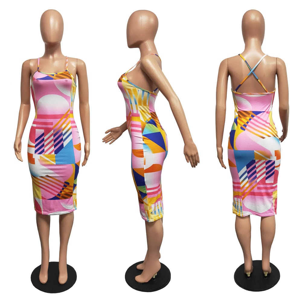 Sundresses Women Summer 2023 Backless Spaghetti Strap Print Sun Dress for Woman Street Sexy Midi Tight Fitted Bodycon Dresses