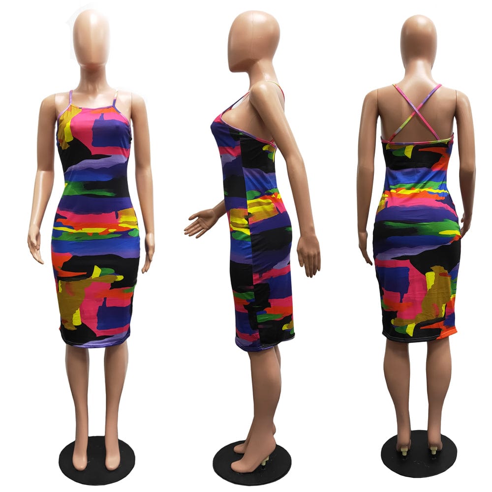 Sundresses Women Summer 2023 Backless Spaghetti Strap Print Sun Dress for Woman Street Sexy Midi Tight Fitted Bodycon Dresses