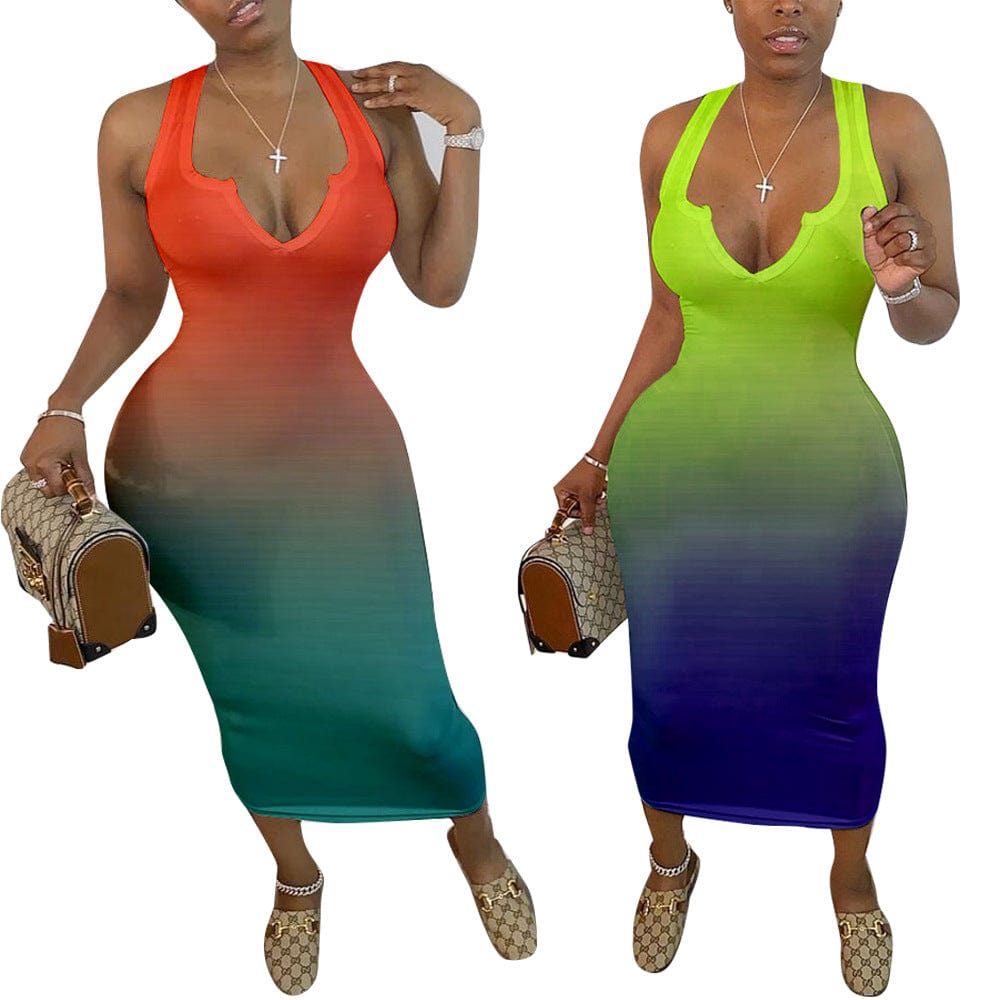 Sundresses Women Summer New 2023 Sexy Tight V-neck Sleeveless Gradient Color Two Tone Tank Top Midi Dress
