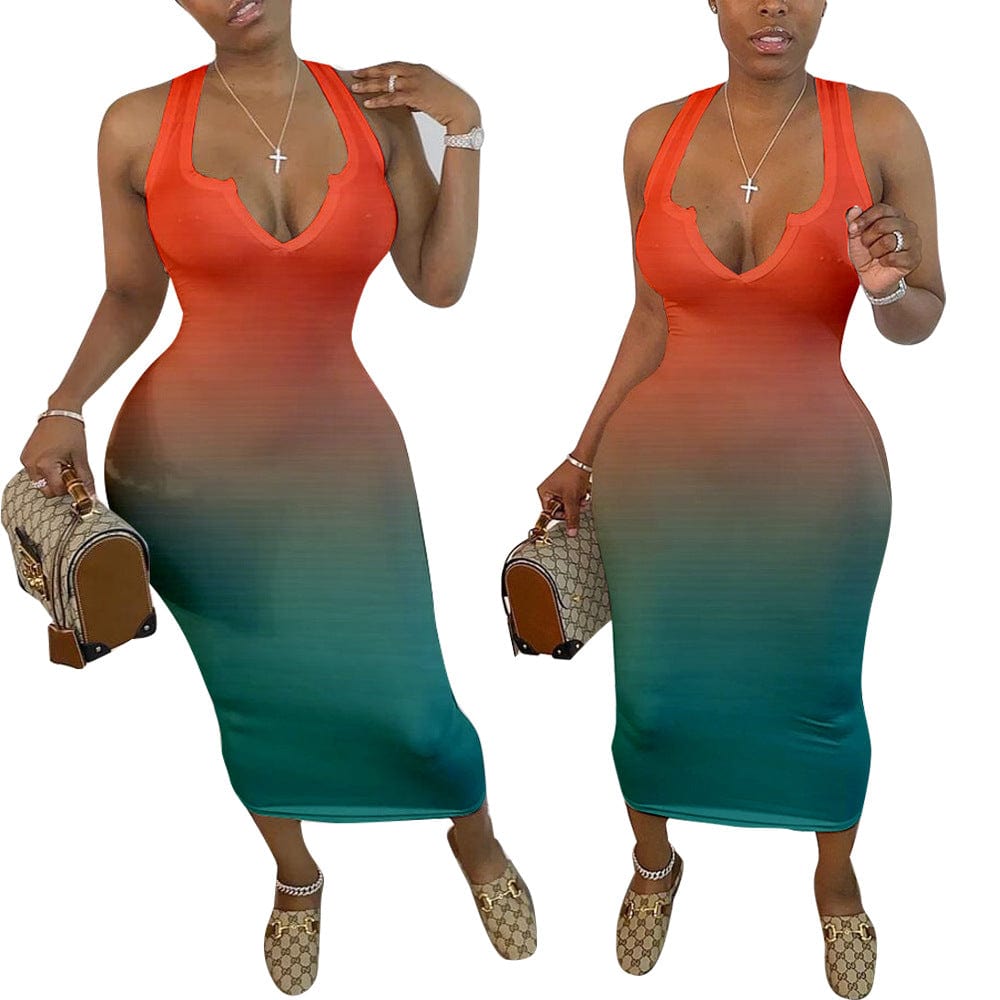 Sundresses Women Summer New 2023 Sexy Tight V-neck Sleeveless Gradient Color Two Tone Tank Top Midi Dress