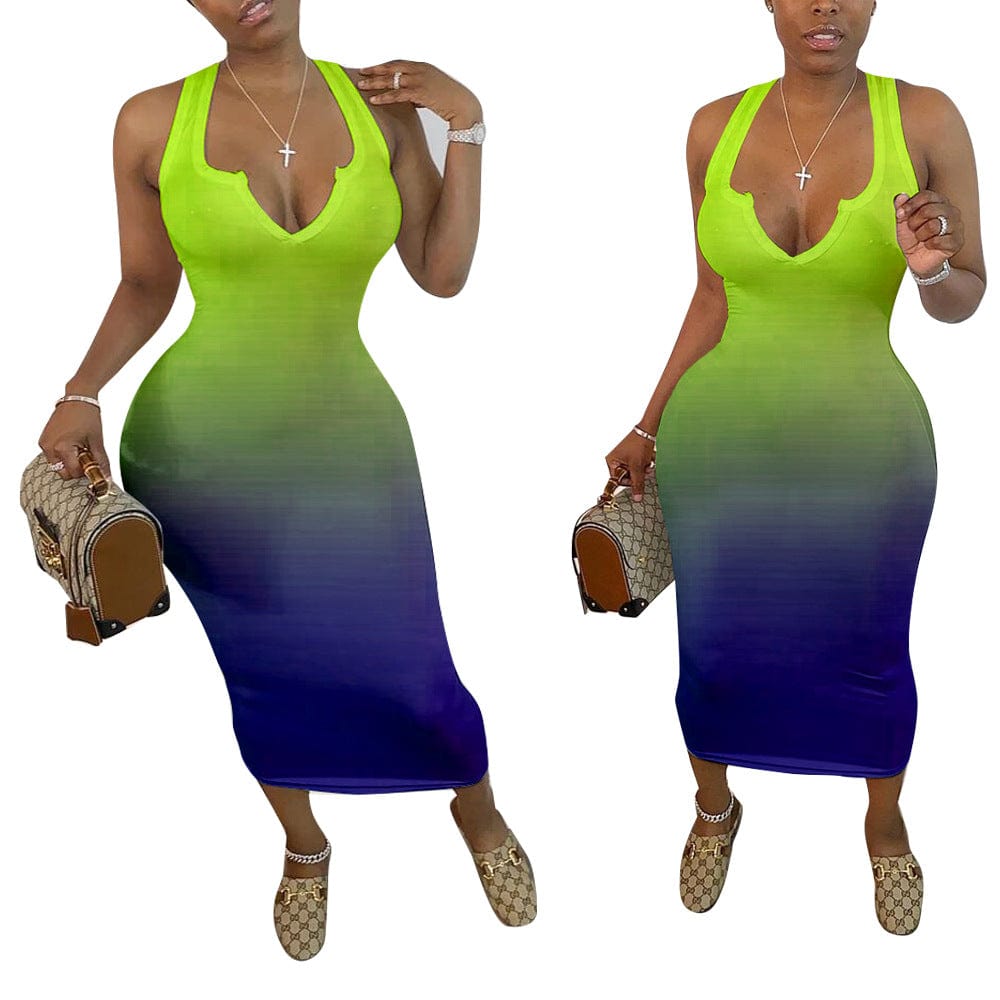 Sundresses Women Summer New 2023 Sexy Tight V-neck Sleeveless Gradient Color Two Tone Tank Top Midi Dress