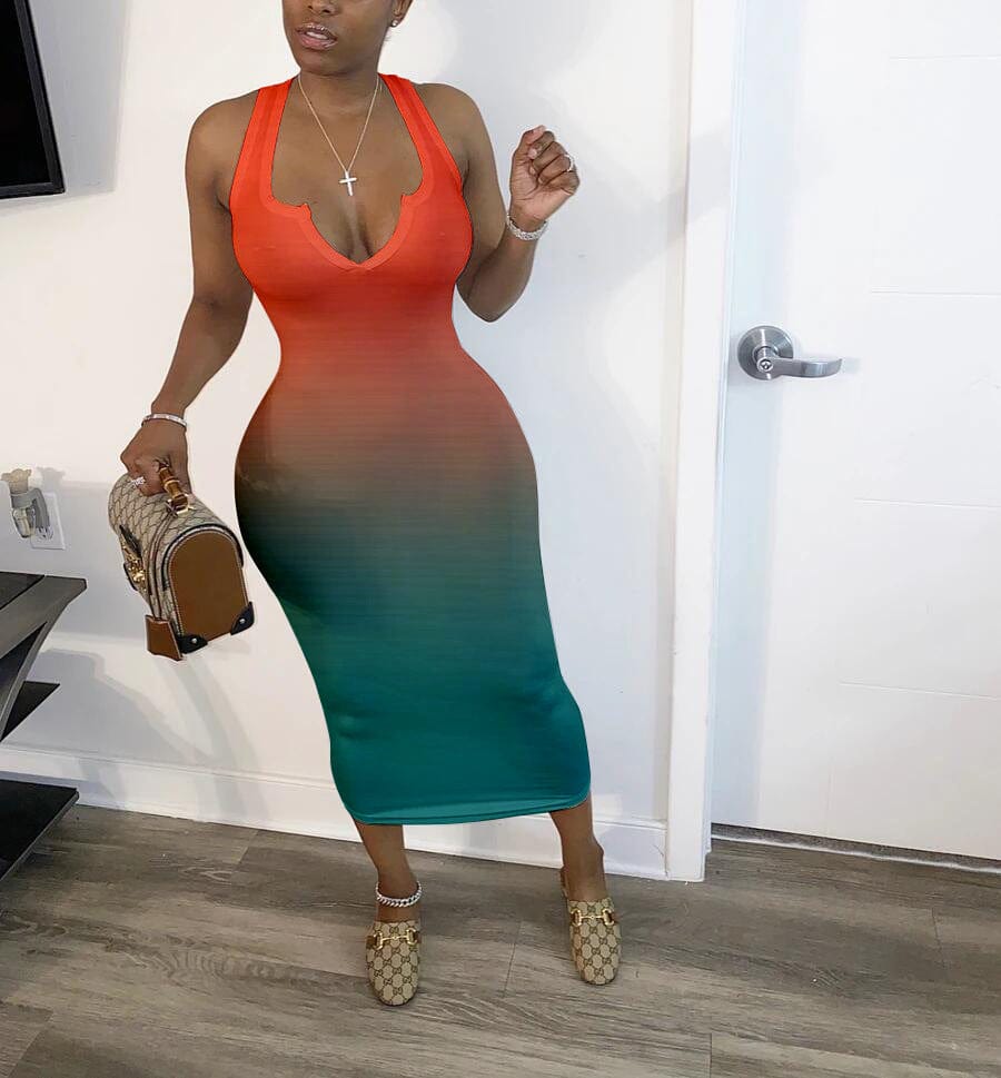 Sundresses Women Summer New 2023 Sexy Tight V-neck Sleeveless Gradient Color Two Tone Tank Top Midi Dress