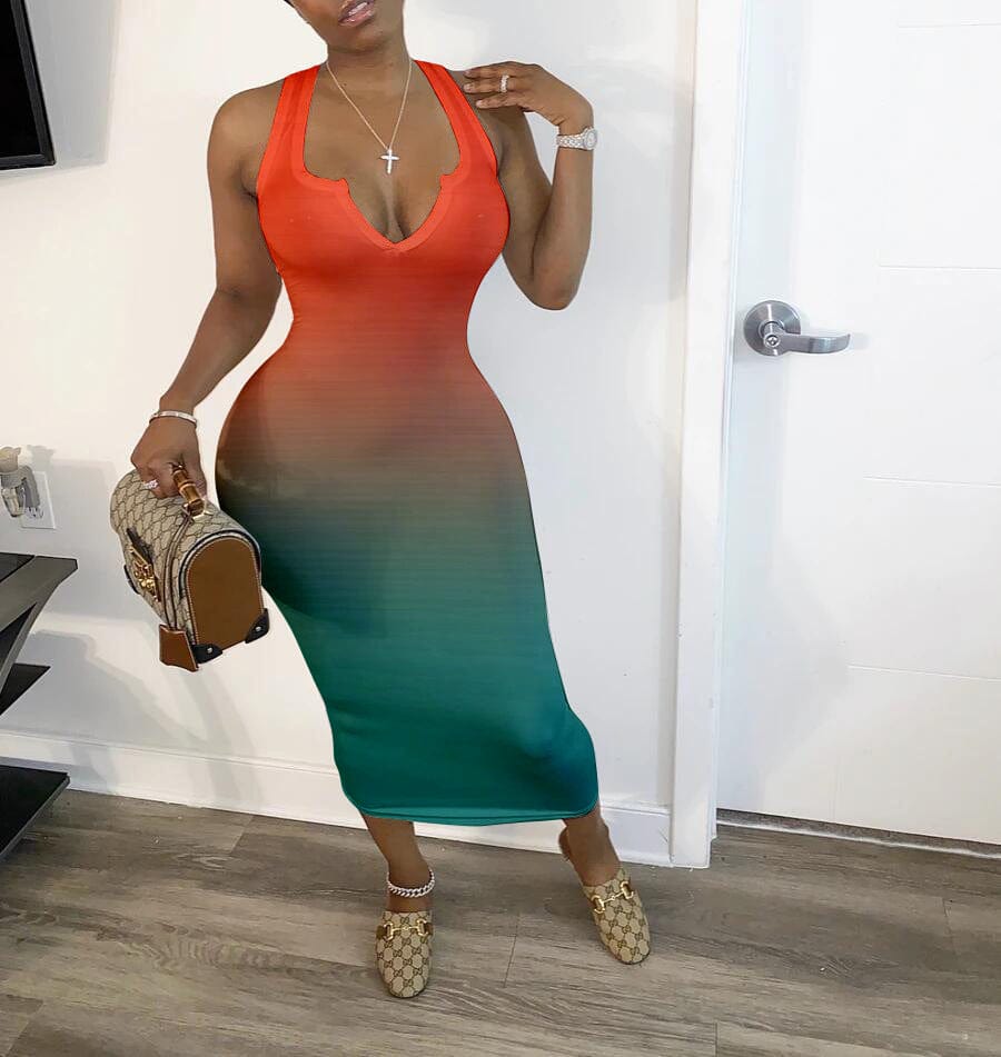 Sundresses Women Summer New 2023 Sexy Tight V-neck Sleeveless Gradient Color Two Tone Tank Top Midi Dress