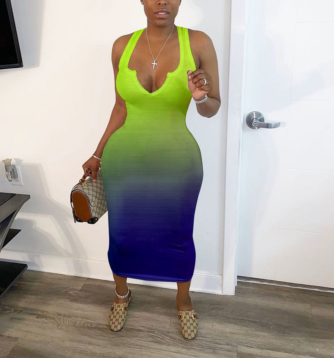 Sundresses Women Summer New 2023 Sexy Tight V-neck Sleeveless Gradient Color Two Tone Tank Top Midi Dress