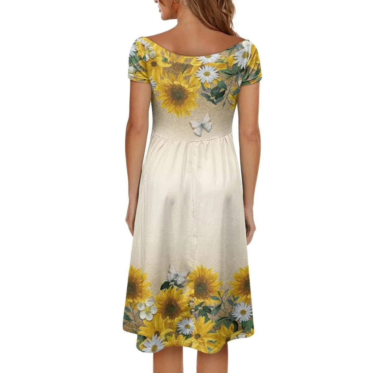 Sunflower Print 2024 Women's Summer Short Sleeve Casual Dress Crew Neck Beach Cover Up Cute Girl Floral Casual Dresses for Women