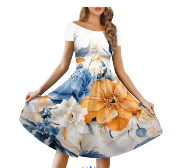 Sunflower Print 2024 Women's Summer Short Sleeve Casual Dress Crew Neck Beach Cover Up Cute Girl Floral Casual Dresses for Women
