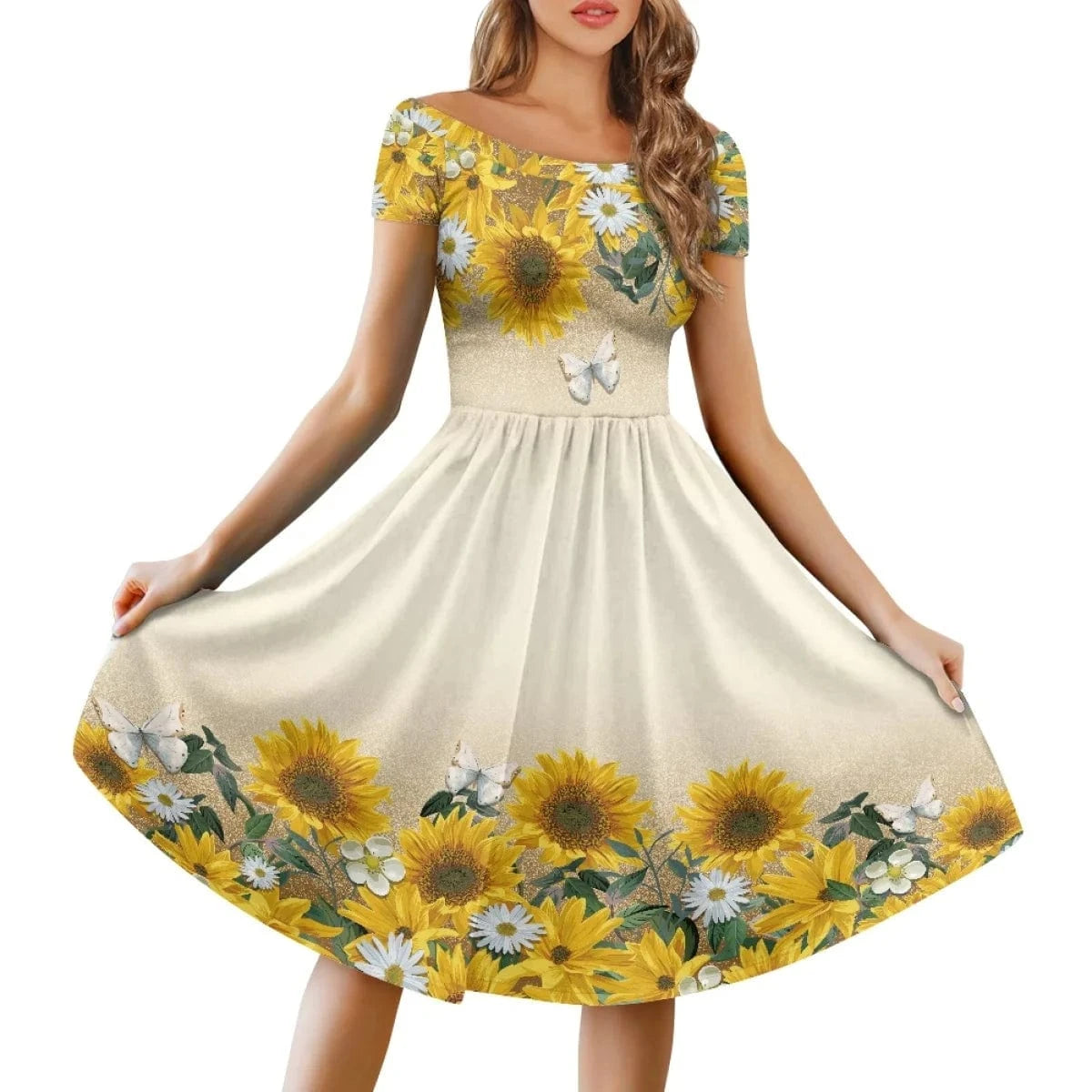 Sunflower Print 2024 Women's Summer Short Sleeve Casual Dress Crew Neck Beach Cover Up Cute Girl Floral Casual Dresses for Women