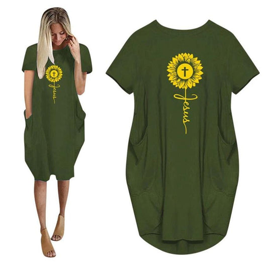 Sunflower Print Plus Size Dresses For Women Ladies Oversized Short Sleeve Pocket Mini Dress Casual Loose Summer Faith JesusCross