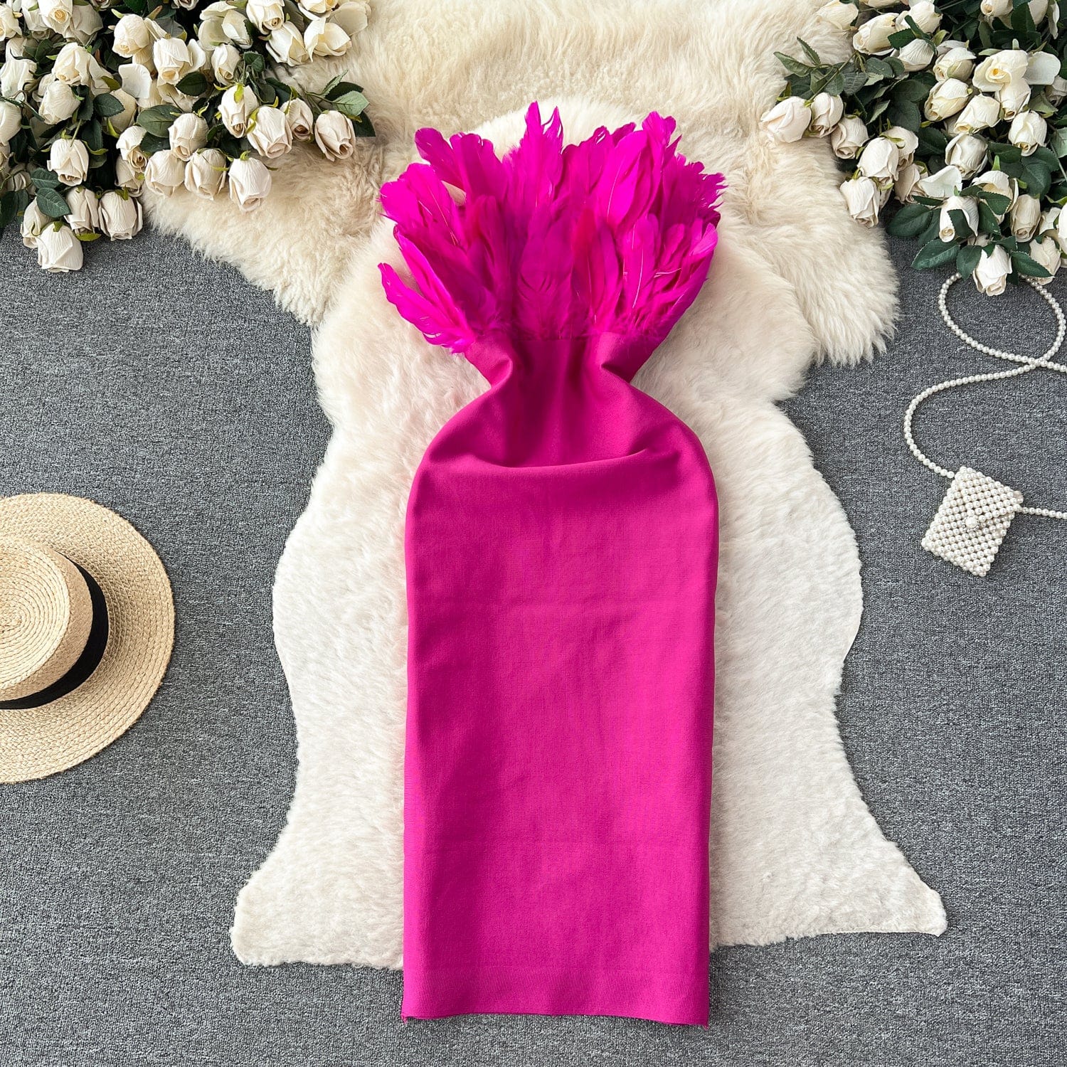 Superior Sense Three-Dimensional Feather Patchwork Strapless Dress Women's Slimming Party Dress