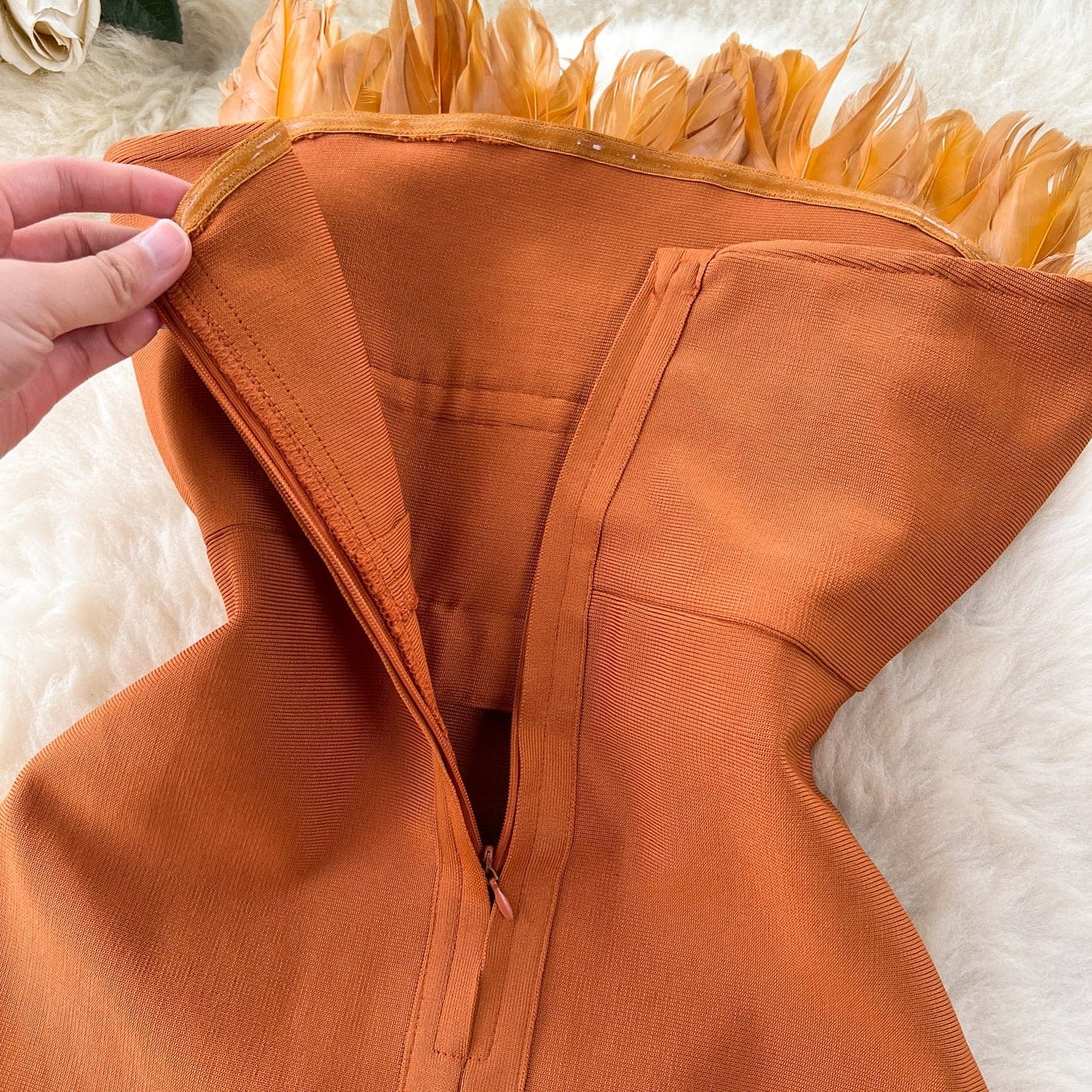 Superior Sense Three-Dimensional Feather Patchwork Strapless Dress Women's Slimming Party Dress