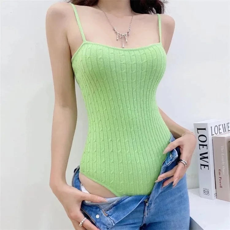 Supper Sexy Square Neck Thin Spaghetti Strap Sleeveless Women Twist Knit Ribbed Tight Feel Women Bodysuit