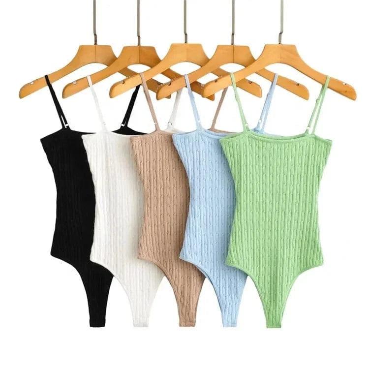 Supper Sexy Square Neck Thin Spaghetti Strap Sleeveless Women Twist Knit Ribbed Tight Feel Women Bodysuit