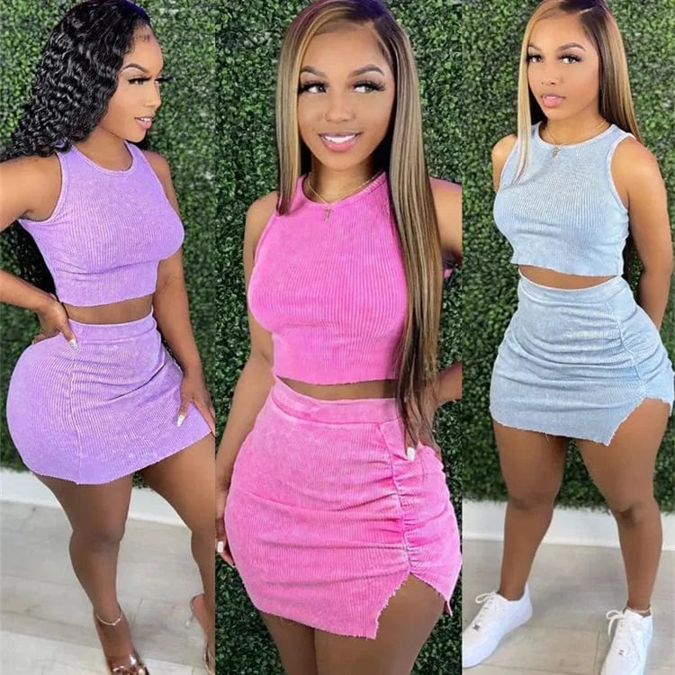 Sweat 2 Piece Set with Ruched Skirt Club Modest Pleaded Skirt and Top Vacation Sets Ribbed Knit Tops Split Skirt Set Two Piece