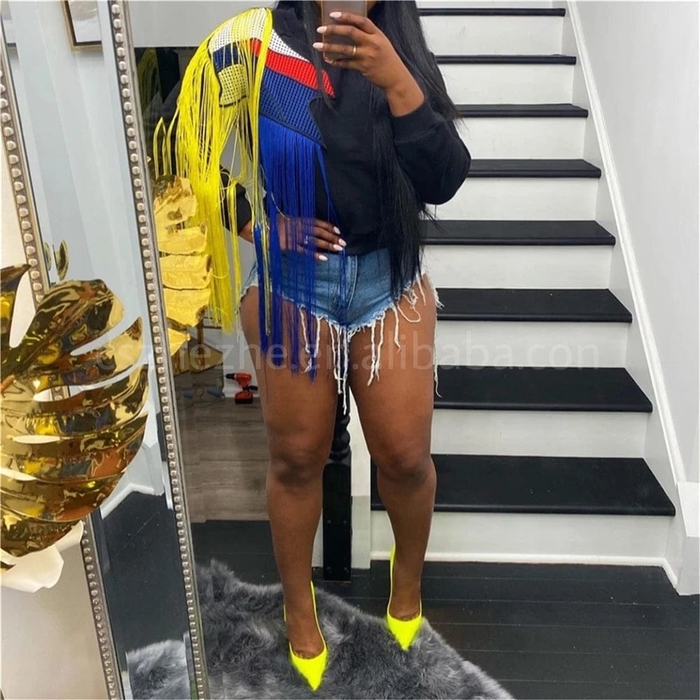 sweater Fall Spring Fashion Unique Streetwear Sweatshirt Cotton Crew Neck Pullover Patchwork Rainbow Tassel Sweater Women Sweatshirt