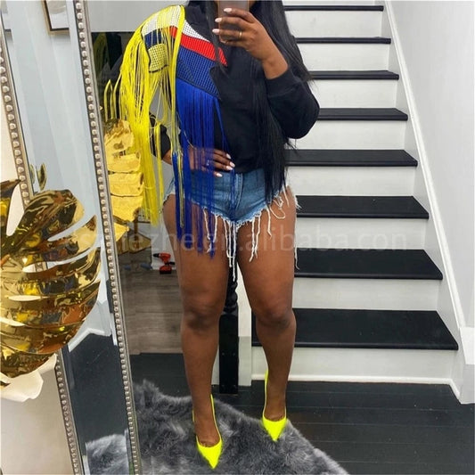 sweater Fall Spring Fashion Unique Streetwear Sweatshirt Cotton Crew Neck Pullover Patchwork Rainbow Tassel Sweater Women Sweatshirt