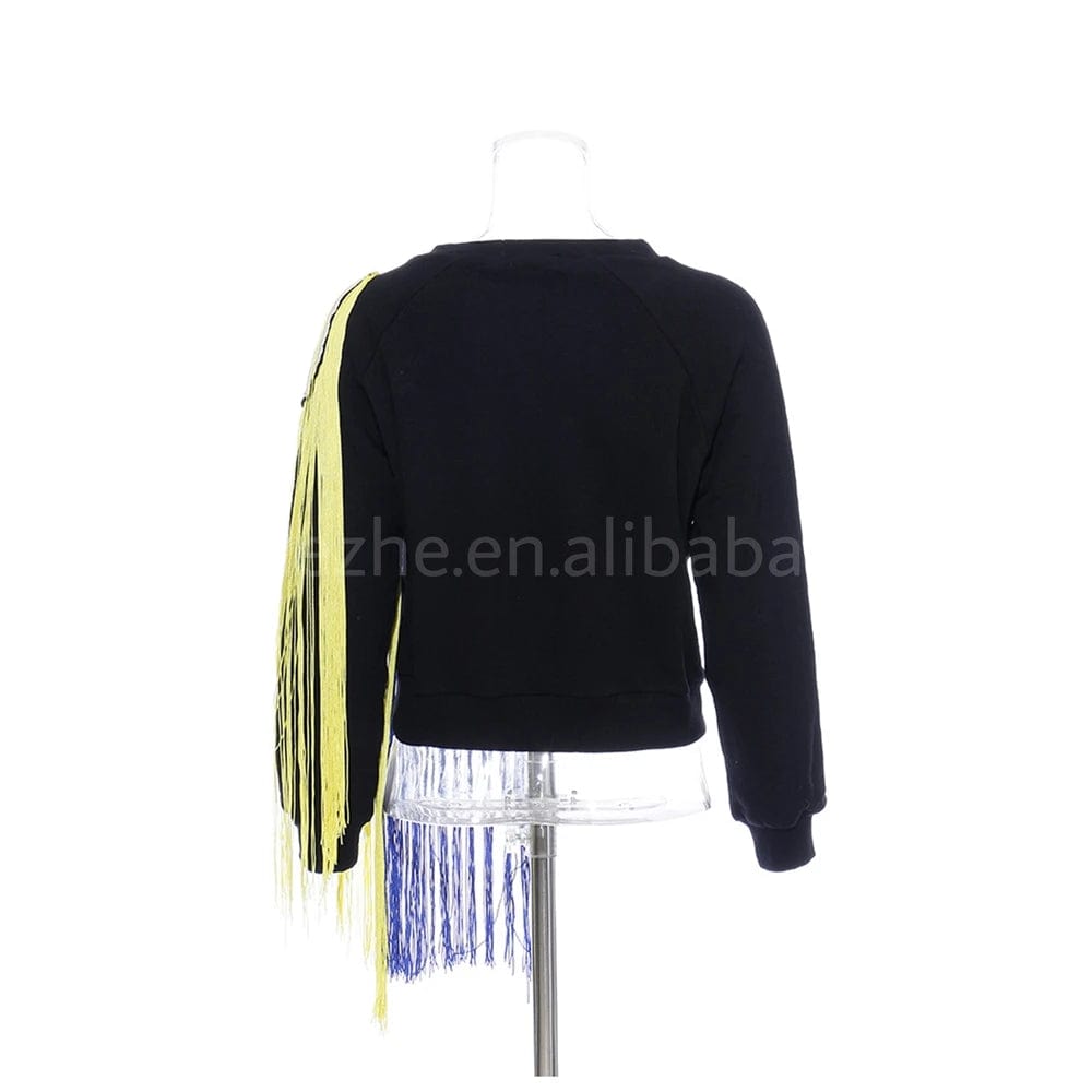 sweater Fall Spring Fashion Unique Streetwear Sweatshirt Cotton Crew Neck Pullover Patchwork Rainbow Tassel Sweater Women Sweatshirt