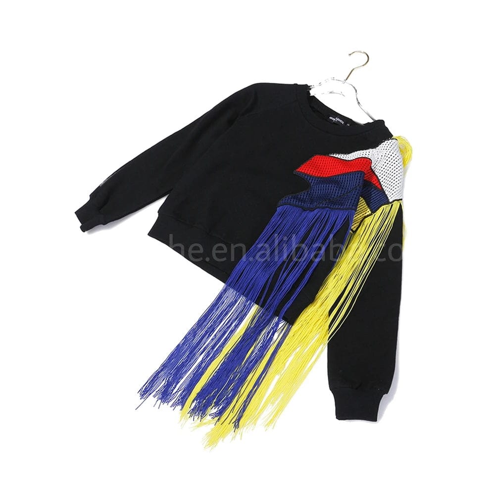 sweater Fall Spring Fashion Unique Streetwear Sweatshirt Cotton Crew Neck Pullover Patchwork Rainbow Tassel Sweater Women Sweatshirt