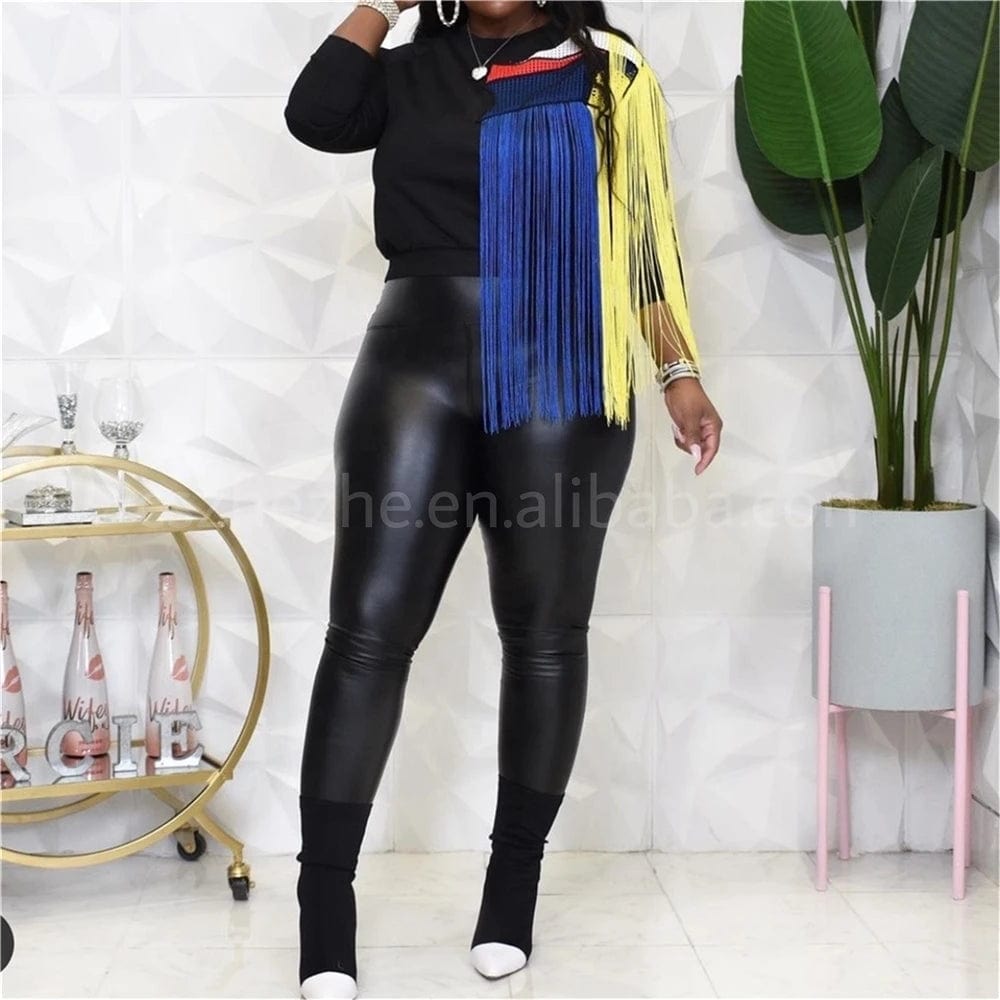 sweater Fall Spring Fashion Unique Streetwear Sweatshirt Cotton Crew Neck Pullover Patchwork Rainbow Tassel Sweater Women Sweatshirt