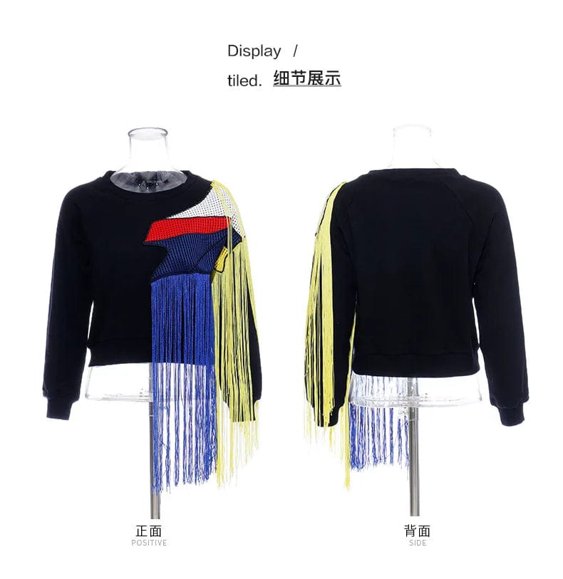sweater patch / M / Black Fall Spring Fashion Unique Streetwear Sweatshirt Cotton Crew Neck Pullover Patchwork Rainbow Tassel Sweater Women Sweatshirt