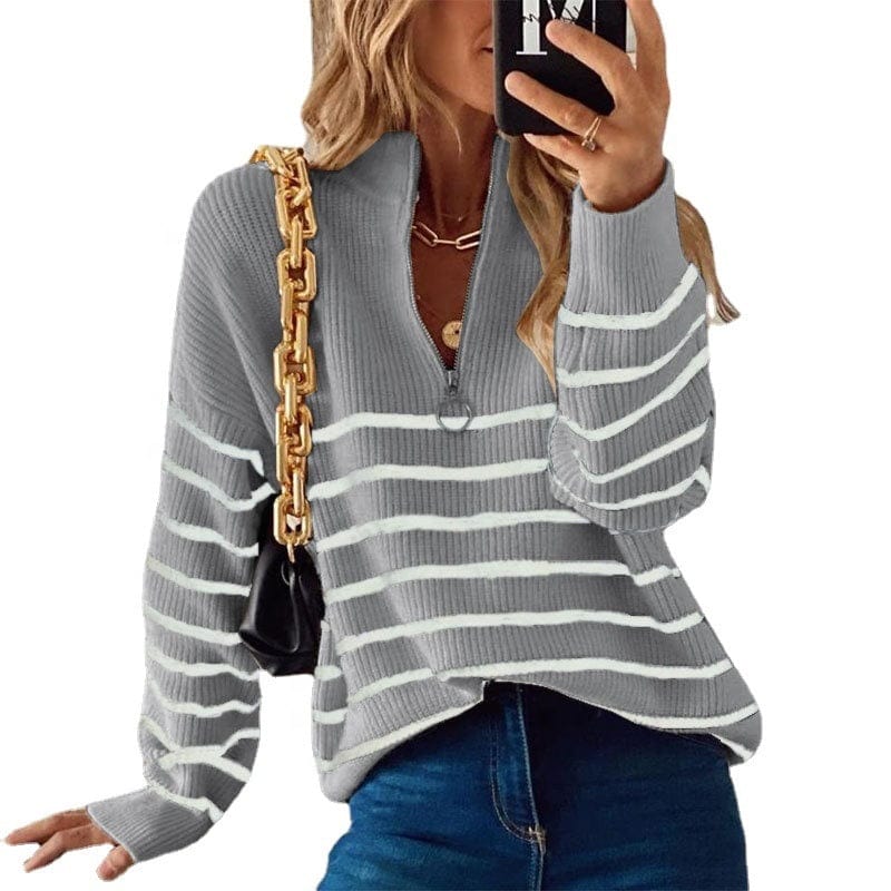 Sweater Turtleneck Autumn Winter New Striped Color Matching Long-Sleeve Women's Top Zipper Pullover