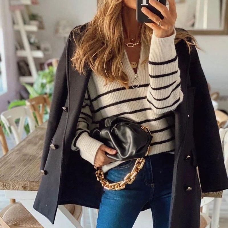 Sweater Turtleneck Autumn Winter New Striped Color Matching Long-Sleeve Women's Top Zipper Pullover