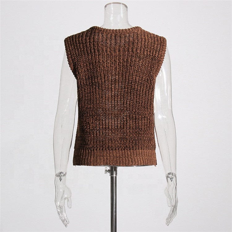 Sweater Vest For Women Round Neck Sleeveless Patchwork Chain Hole Hollow Out Knitted Vest