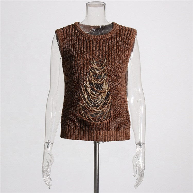 Sweater Vest For Women Round Neck Sleeveless Patchwork Chain Hole Hollow Out Knitted Vest