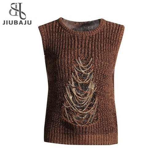 Sweater Vest For Women Round Neck Sleeveless Patchwork Chain Hole Hollow Out Knitted Vest