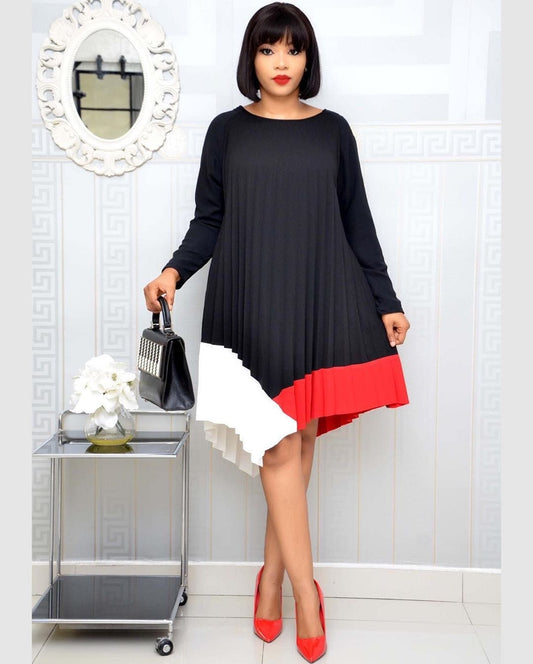 Sweet Autumn Three Colors Patchwork Pleat Women Mini Casual Dresses