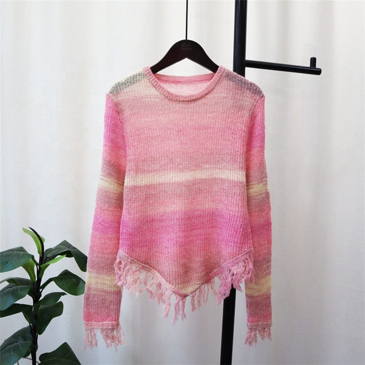 Sweet Chic Women's Pullover Sweater Tassels Knitted O-neck Gradient Loose Design Female Sweaters