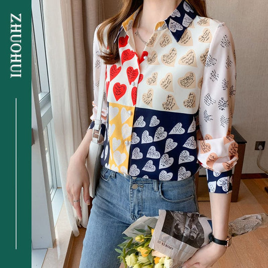 Sweet Contrast Color Patchwork Heart Print Blouse Shirt Women Casual Streetwear Shirts Ladies