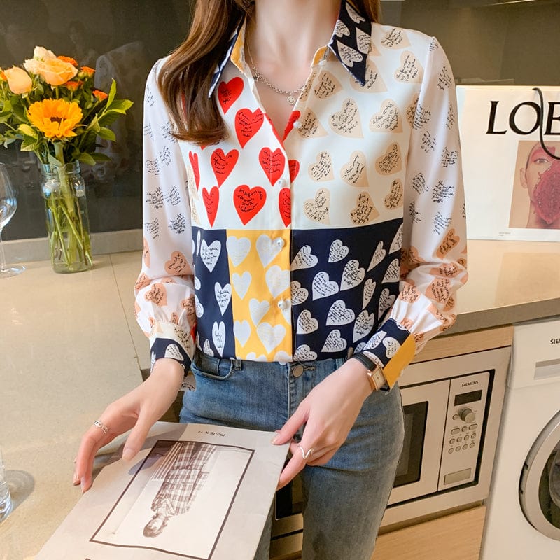 Sweet Contrast Color Patchwork Heart Print Blouse Shirt Women Casual Streetwear Shirts Ladies